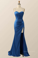 Party Dresses Teen, Royal Blue Mermaid Straps Long Dress with Slit