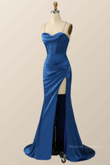 Party Dress Look, Royal Blue Mermaid Straps Long Dress with Slit