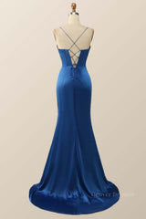 Party Dress New, Royal Blue Mermaid Straps Long Dress with Slit
