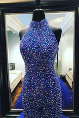 Party Dress Lace, Royal Blue Rhinestones Prom Dress Mermaid Tulle Skirt,Celebrity Dress