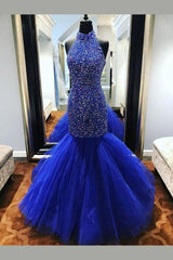 Party Dresses Size 22, Royal Blue Rhinestones Prom Dress Mermaid Tulle Skirt,Celebrity Dress