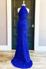 Dress To Impression, Royal Blue Sequin Halter Long Formal Dress with Slit Prom Dresses