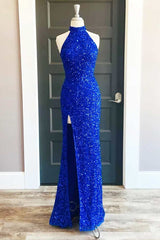 Vacation Dress, Royal Blue Sequin Halter Long Formal Dress with Slit Prom Dresses