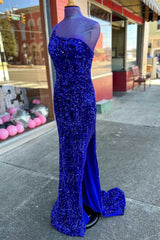 Formal Dresses For Wedding Guests, Royal Blue Sequin One-Shoulder Backless Long Prom Dresses with Slit,Evening Party Dress
