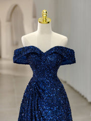 Formal Dresses Size 18, Royal Blue Sequins Long Prom Dress,Off the Shoulder Formal Evening Dresses
