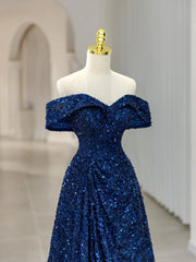 Formal Dresses With Tulle, Royal Blue Sequins Long Prom Dress,Off the Shoulder Formal Evening Dresses