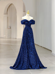 Formal Dresses Fall, Royal Blue Sequins Long Prom Dress,Off the Shoulder Formal Evening Dresses