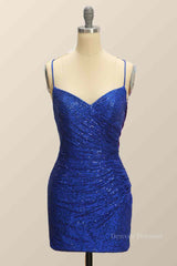 Prom Dress Styles, Royal Blue Sheath Lace-Up Back Pleated Sequins Mini Homecoming Dress