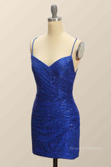 Prom Dresses Style, Royal Blue Sheath Lace-Up Back Pleated Sequins Mini Homecoming Dress