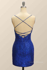 Prom Dress Style, Royal Blue Sheath Lace-Up Back Pleated Sequins Mini Homecoming Dress