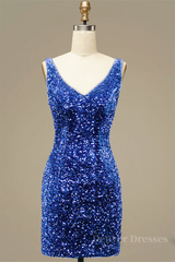 Prom Dresses Websites, Royal Blue Sheath V Neck Straps Back Sequins Mini Homecoming Dress