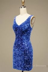 Prom Dress Websites, Royal Blue Sheath V Neck Straps Back Sequins Mini Homecoming Dress