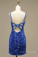 Prom Dresses Sites, Royal Blue Sheath V Neck Straps Back Sequins Mini Homecoming Dress