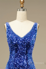 Prom Dress Sites, Royal Blue Sheath V Neck Straps Back Sequins Mini Homecoming Dress