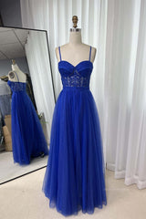 Evening Dresses Long Sleeve, Royal Blue Straps Appliques A-line Tulle Long Prom Dress