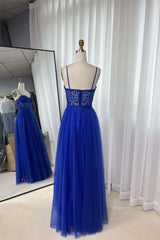 Evening Dress Long Sleeve, Royal Blue Straps Appliques A-line Tulle Long Prom Dress
