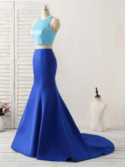 Prom Dress Shopping, Royal Blue Two Pieces Satin Long Prom Dress, Blue Evening Dress