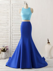Prom Dress Inspiration, Royal Blue Two Pieces Satin Long Prom Dress, Blue Evening Dress