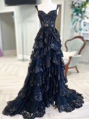 Prom Dresses Fitted, A-Line Sweetheart Neck Tulle Sequin Black Long Prom Dress, Sequin Black Long Formal Evening Dress