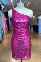 Prom Dress For Teen, Fuchsia Sequins Sheath One Shoulder Homecoming Dress