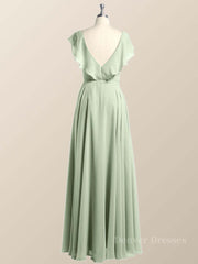 Party Dress Size 310, Ruffles V Neck Sage Green Chiffon Long Bridesmaid Dress