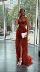 Prom Dresses Brands, Rust Red Sweetheart High Low Tiered Formal Dress,Tulle Long Evening Prom Dresses