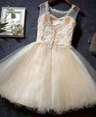 Prom Dress Style, Cute Champagne A Line Lace Short Prom Dress, Homecoming Dress