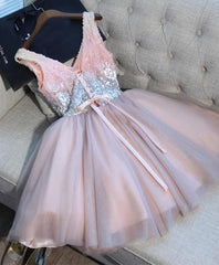 Bridesmaid Dress For Beach Wedding, Cute Pink V Neck Tulle Seqsuins Short Prom Dress, Cocktail Dress