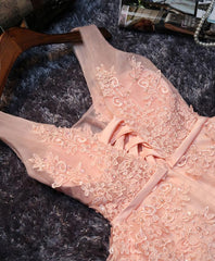 Prom Dress Outfit, Pink V Neck Tulle Lace Short Prom Dress, Homecoming Dresses