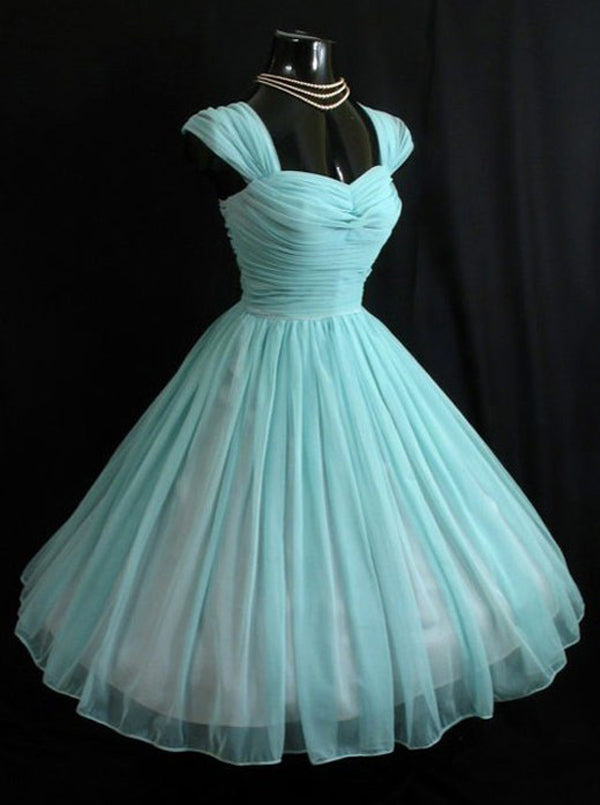 Evening Dress Sleeve, Vintage Sky Blue Chiffon Cap Sleeve Homecoming Dress