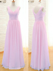 Prom Dresses Piece, Simple A-Line V Neck Floor Length Pink Chiffon Bridesmaid Dress