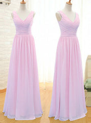 Prom Dress Pieces, Simple A-Line V Neck Floor Length Pink Chiffon Bridesmaid Dress