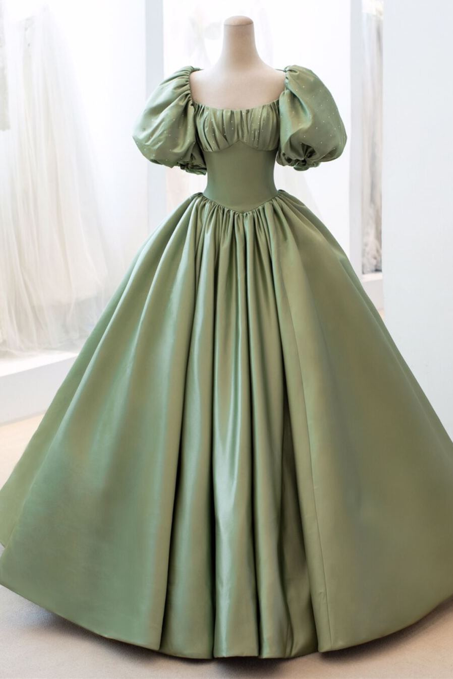 On Piece Dress, Sage Green Ball Gown Short Bell Sleeves Prom Dress Long