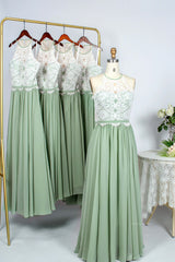 Bridesmaid Dress Satin, Sage Green Chiffon and Halter White Lace Long Bridesmaid Dress