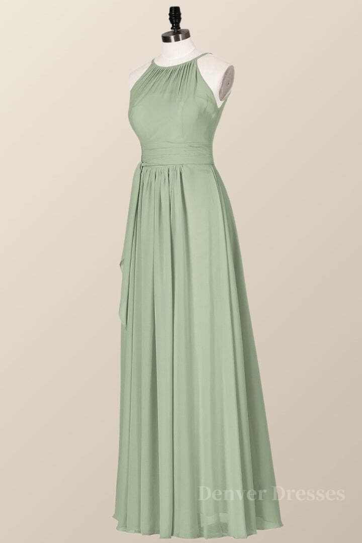 Homecoming Dress Online, Sage Green High Neck Chiffon Long Bridesmaid Dress