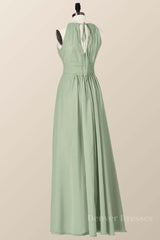 Homecoming Dresses 2055, Sage Green High Neck Chiffon Long Bridesmaid Dress