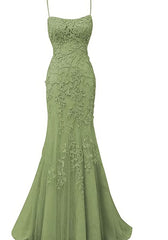 Homecoming Dresses 2020, Sage Green Lace Appliques Dresses Long Prom Dress Mermaid Spaghetti Straps Evening Dress