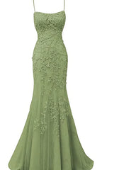 Formal Dresses And Gowns, Sage Green Lace Appliques Long Prom Dress Mermaid Spaghetti Straps Evening Dresses