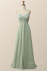 Prom Dress Shiny, Sage Green Pleated Straps Long Bridesmaid Dress