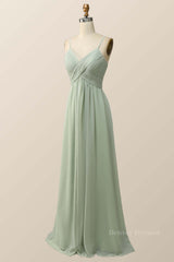 Prom Dresses Mermaide, Sage Green Pleated Straps Long Bridesmaid Dress