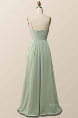 Prom Dress Mermaid, Sage Green Pleated Straps Long Bridesmaid Dress