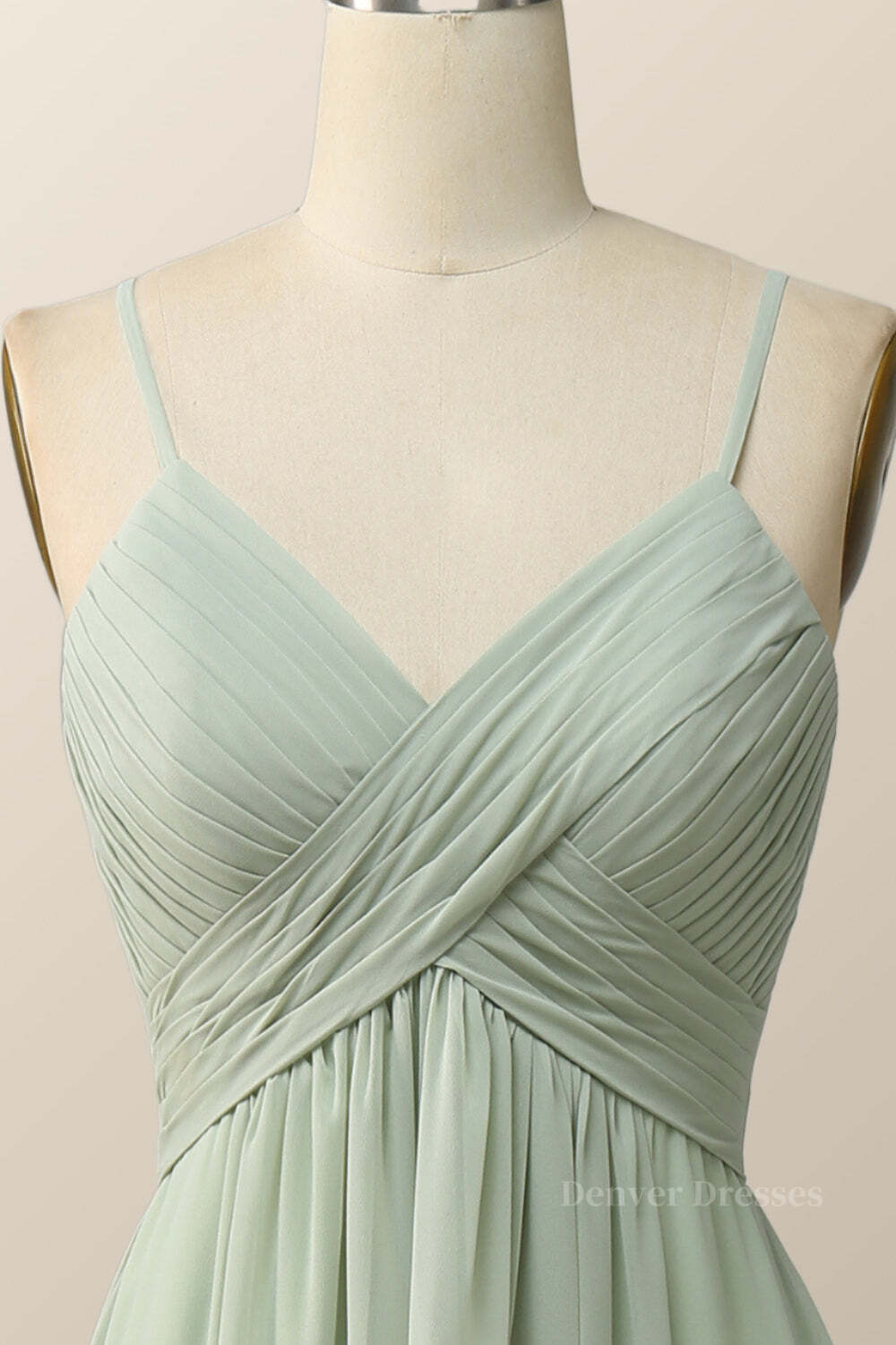 Prom Dress Chicago, Sage Green Pleated Straps Long Bridesmaid Dress