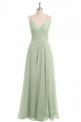 Evening Dresses Yde, Sage Green Straps A-line Long Bridesmaid Dress