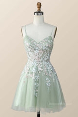 Prom Dress Ideas, Sage Green Tulle Floral Embroidered A-line Homecoming Dress