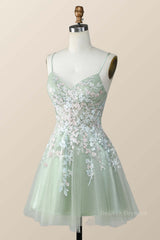 Prom Dresses Under 138, Sage Green Tulle Floral Embroidered A-line Homecoming Dress