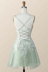 Prom Dress Under 138, Sage Green Tulle Floral Embroidered A-line Homecoming Dress