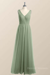 Bridesmaid Dresses Mismatched Spring Wedding Colors, Sage Green V Neck A-line Long Bridesmaid Dress