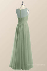 Bridesmaid Dress Long Sleeves, Sage Green V Neck A-line Long Bridesmaid Dress