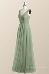 Bridesmaid Dresses Mismatched Spring Colors, Sage Green V Neck A-line Long Bridesmaid Dress