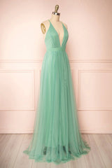 Party Dress Codes, Sage Green V-Neck Tulle Long Prom Dress, Simple Backless Evening Dress